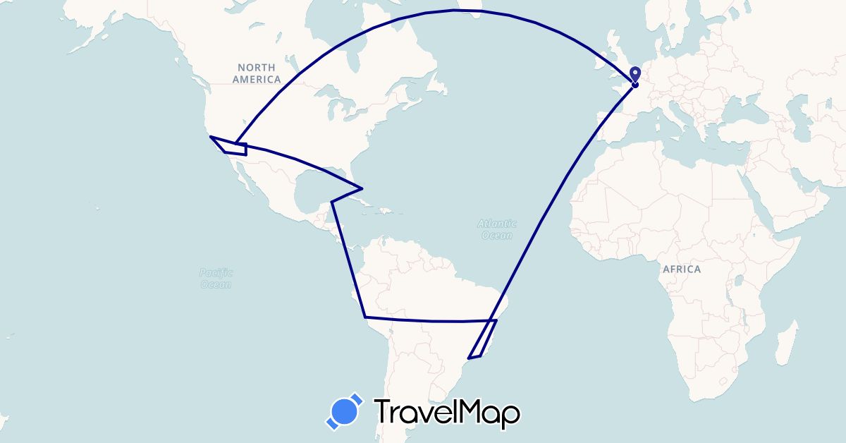 TravelMap itinerary: driving in Brazil, Bahamas, Cuba, France, Mexico, Peru, United States (Europe, North America, South America)